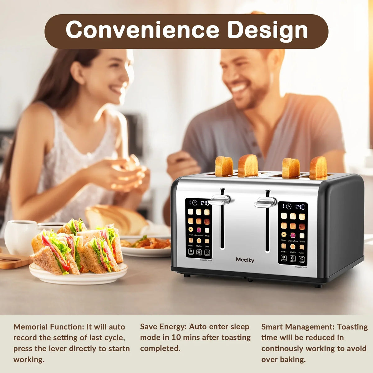 2026 NewMecity 4-Slice Touchscreen Toaster, Stainless Steel, 6 Browning Settings, Reheat, Cancel, Defrost, Removable Tray