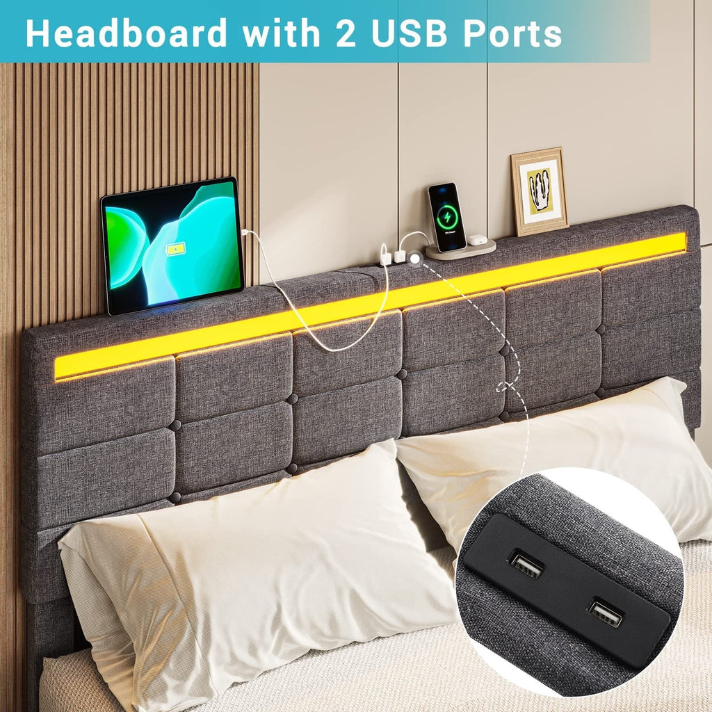 2026 NewFull Size Bed Frame with 4 Storage Drawers, Platform Bed Frame with 2 USB Ports, Upholstered Bed with LED Headboard Footboard, Square Stitched Button Tufted Design, Dark Grey