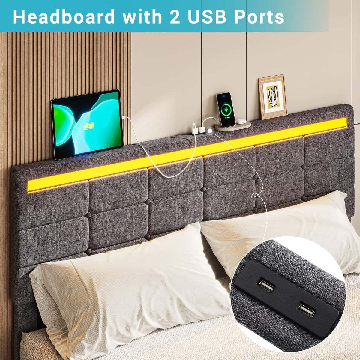 2026 NewFull Size Bed Frame with 4 Storage Drawers, Platform Bed Frame with 2 USB Ports, Upholstered Bed with LED Headboard Footboard, Square Stitched Button Tufted Design, Dark Grey