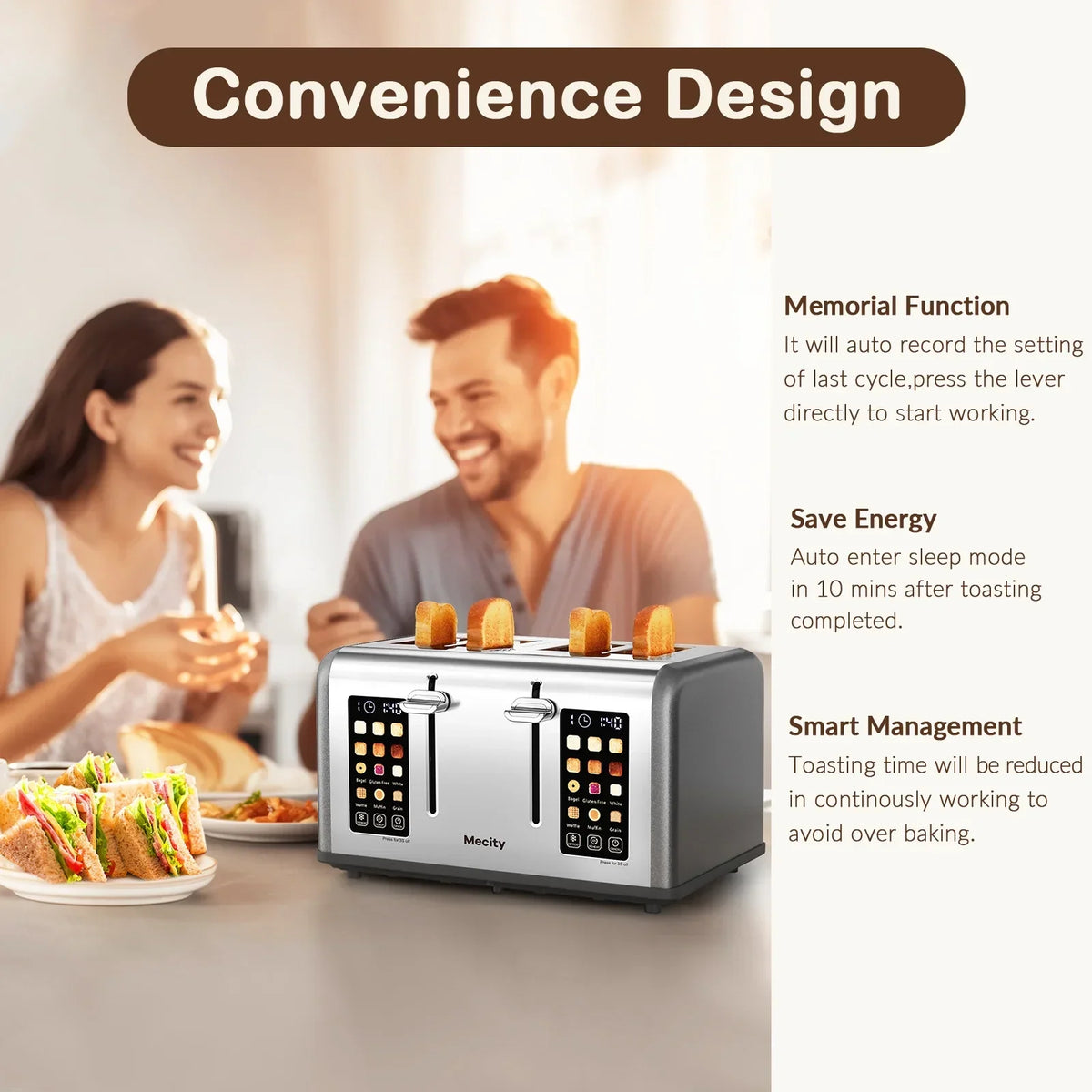 2026 NewMecity 4-Slice Touchscreen Toaster, Stainless Steel, 6 Browning Settings, Reheat, Cancel, Defrost, Removable Tray
