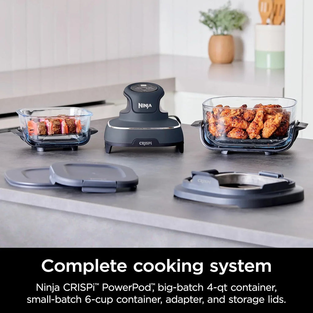 2026 NewNinja Crispi 4-in-1 Portable Glass Air Fryer Cooking System, 4-Qt & 6-Cup Containers, Cyberspace