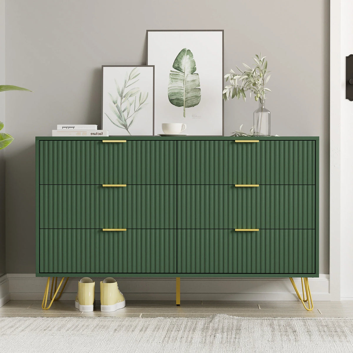 2026 NewFURNIWAY White 6 Drawer Dresser for Bedroom, Modern Dresser with Gold Metal Handles,Fluted Wood TV Stand for Living Room, Hallway