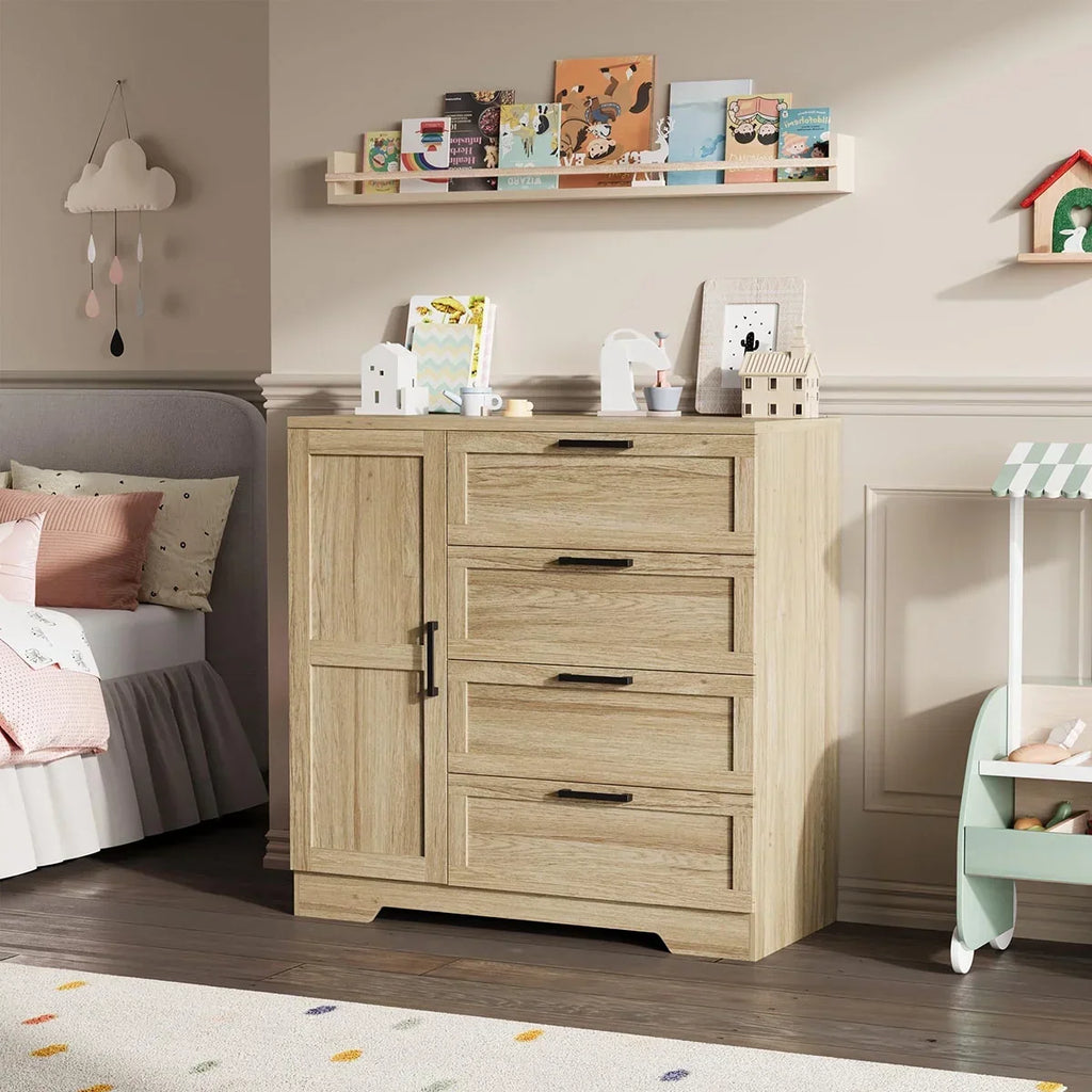 2026 NewAtaucjin Wood Armoire Wardrobe Closet with 4 Drawers and Door, 43.3" H Bedroom Wardrobe Cabinet with Hanging Rod, Clothing Storage Cabinets, 4 Drawers Dresser with Storage Closet