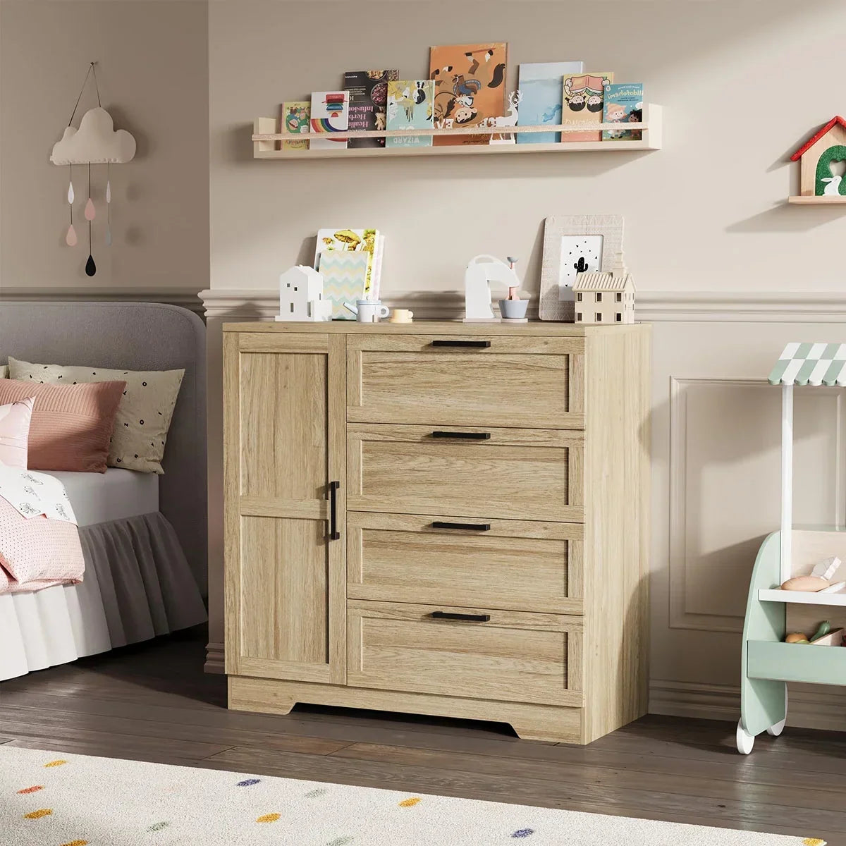 2026 NewAtaucjin Wood Armoire Wardrobe Closet with 4 Drawers and Door, 43.3" H Bedroom Wardrobe Cabinet with Hanging Rod, Clothing Storage Cabinets, 4 Drawers Dresser with Storage Closet