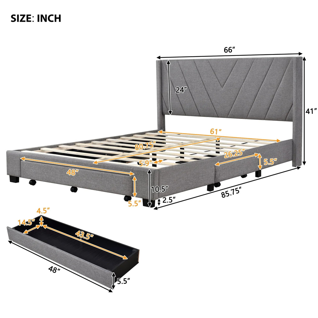 2026 NewSesslife Queen Bed Frame with Storage, New Upgraded Linen Upholstered Platform Bed with 3 Drawers, Queen Size Storage Bed with Headboard and Wooden Slats, No Box Spring Needed, Holds 500lbs, Beige