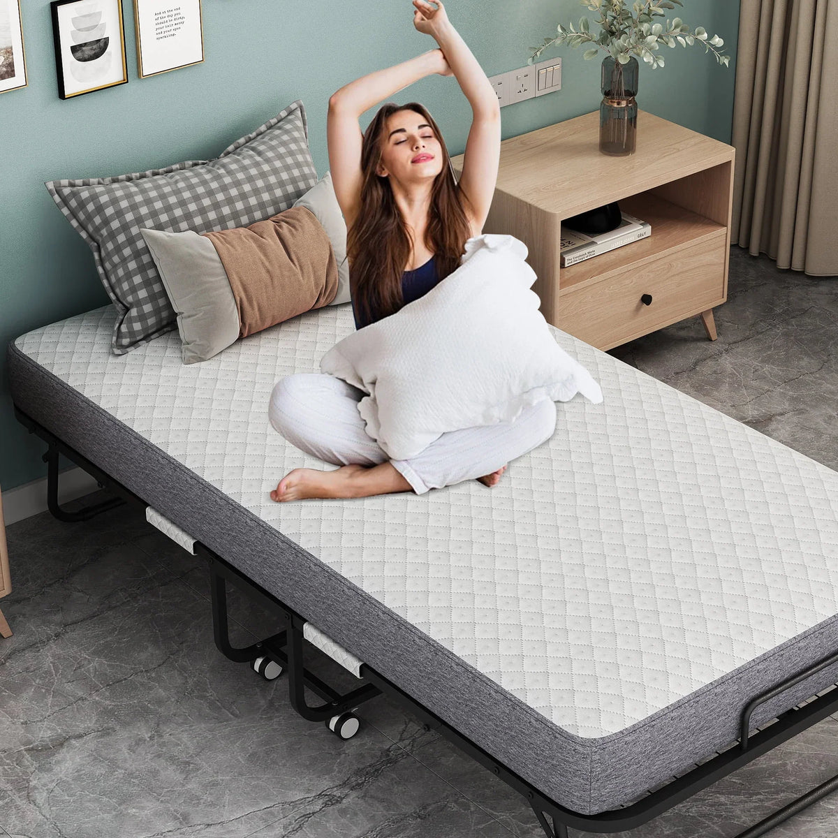 2026 NewFolding Bed with Mattress 75" x 31" Cot Size Folded Bed, Rollaway Guest Bed Portable Foldable Extra Bed for Adults Daybed with 5" Memory Foam Mattress Space-Saving Sturdy Metal Grid Frame