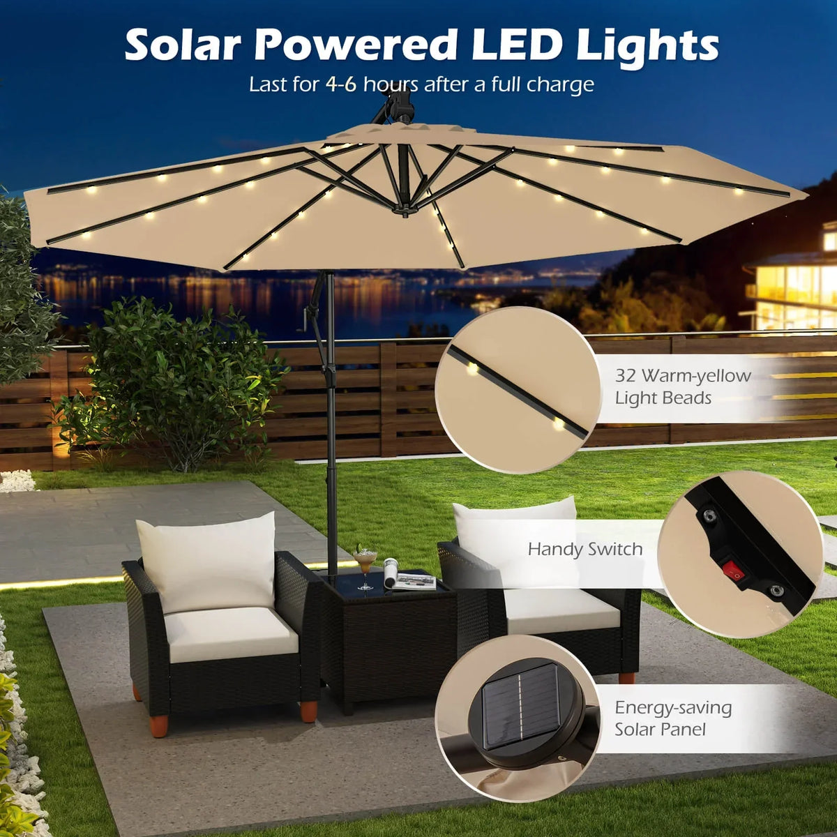 2026 NewCostway 10 FT Solar Offset Hanging Umbrella Patio Cantilever Umbrella with 32 LED Lights Brown