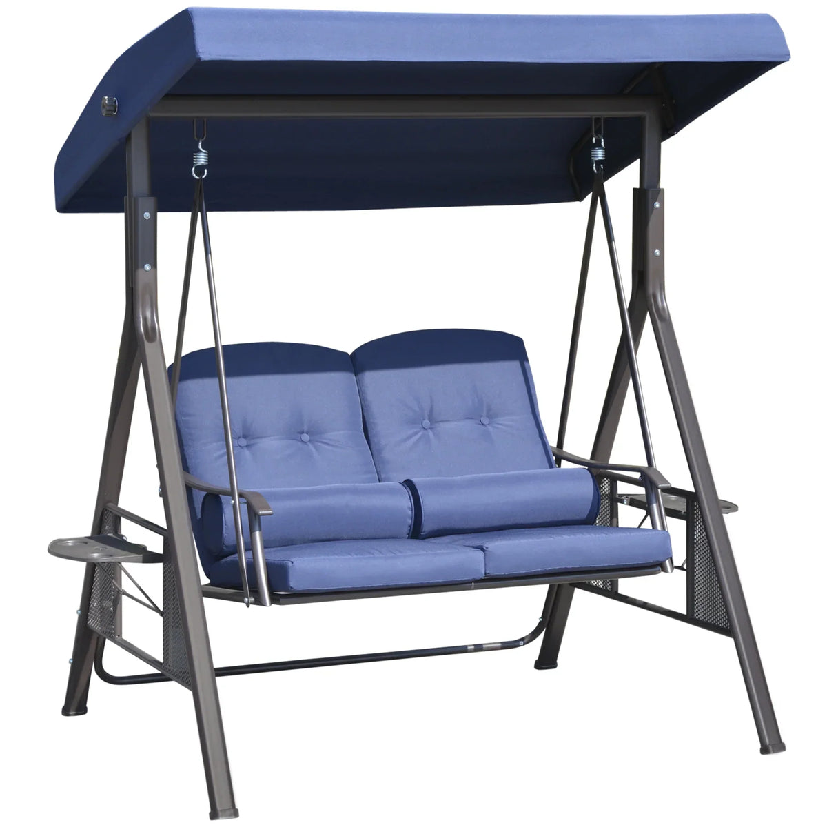2026 NewOutsunny 2-Person Patio Swing Bench with Adjustable Shade Canopy, Soft Cushions, Throw Pillows and Tray, Beige.