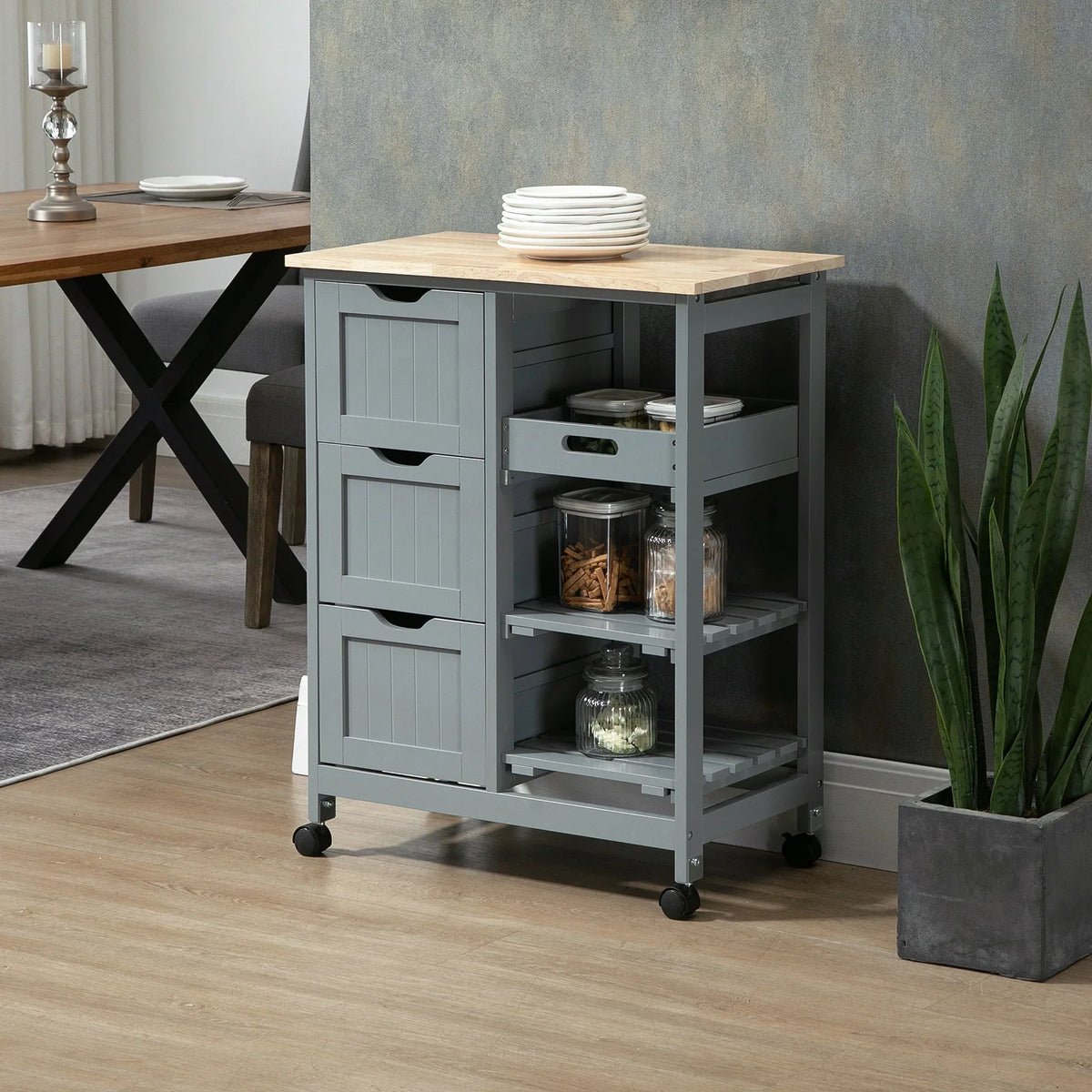 2026 NewHOMCOM Rolling Kitchen Island Cart, Bar Serving Cart, Compact Trolley on Wheels with Wood Top, Shelves & Drawers for Home Dining Area, Grey