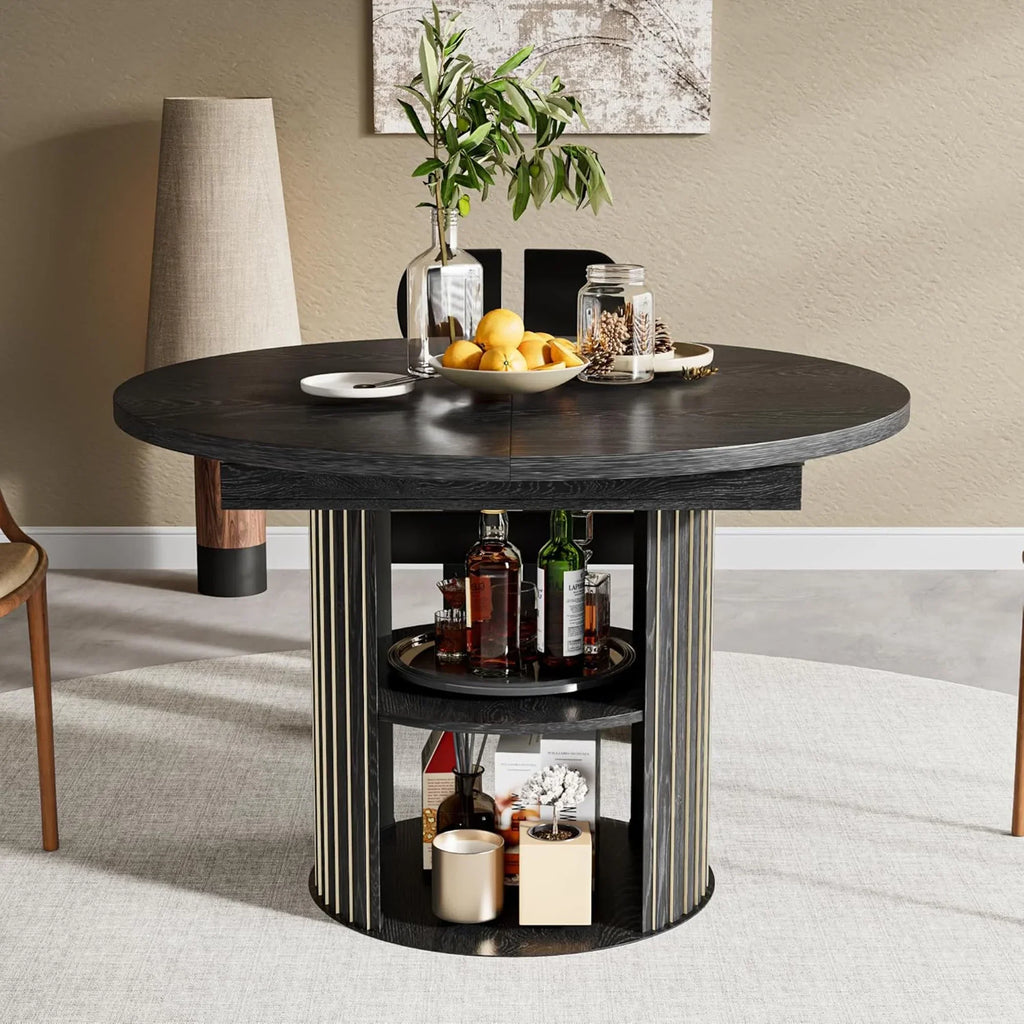 2026 NewExtendable Dining Table for 4-6, Round Kitchen Table with Storage Shelf, Oval Dining Tables for Living Room (Walnut)