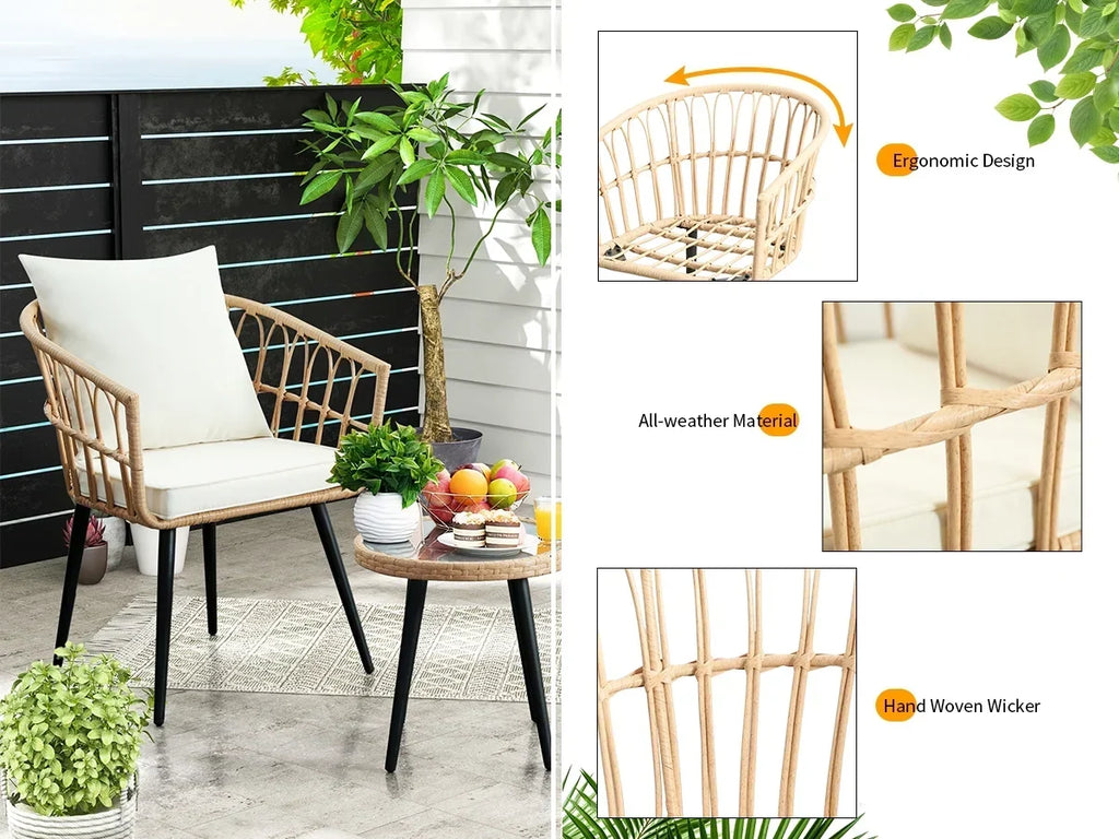 2026 NewFHFO 3 Piece Patio Bistro Set, Outdoor Wicker Apartment Balcony Furniture Sets, Rattan Table and Chairs Set of 2 for Porch Backyard Lawn Poolside Deck, Beige