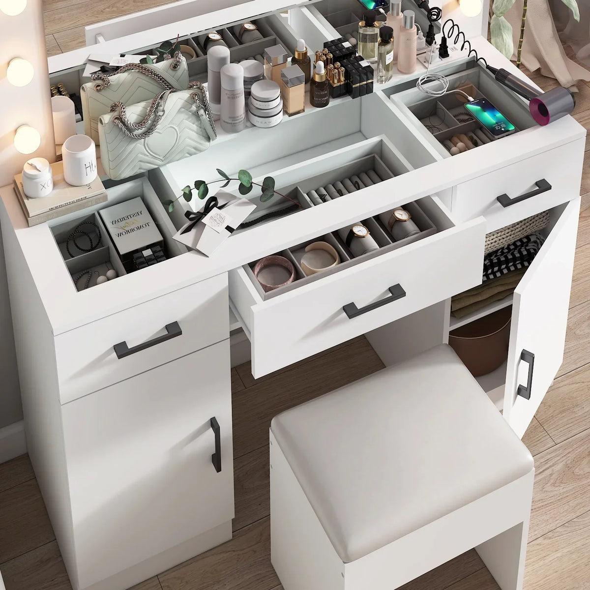 2026 NewKtaxon Large Makeup Vanity, Vanity Table Set w/ Visible Glass Top w/ Charging Station, White