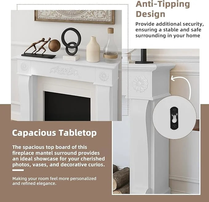 2026 NewEPICOZY 44.5" Fireplace Mantel, Freestanding Fireplace Surround with Leg for Electric Fireplaces, MDF Mantel Surround with Shelf for Living Room with Decorative Pattern, Anti-Tipping & Waterproof