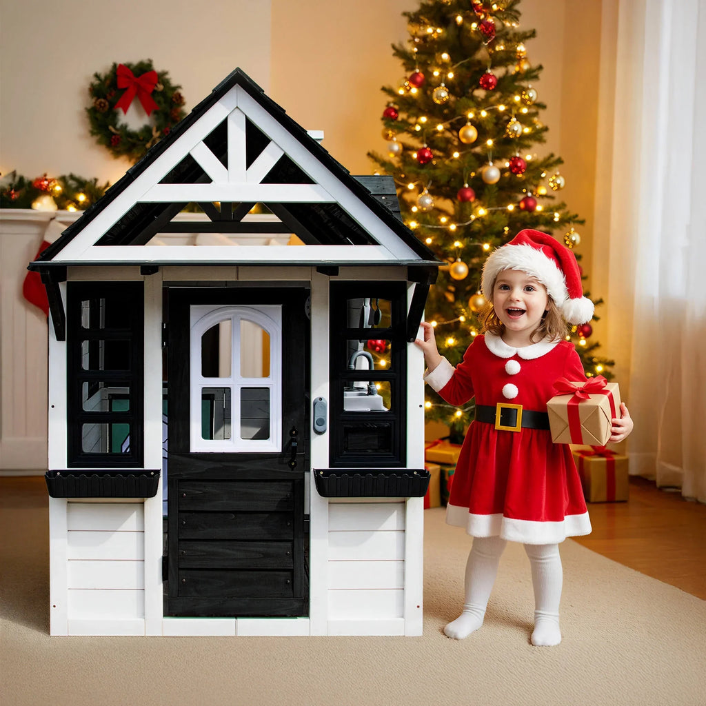 2026 NewCOCLUB Outdoor Playhouse for Kids Ages 4-8, Wooden Play House with Doorbell, Phone, Kitchen Toys, Outdoor Kids Play Equipment, Casa Para Niñas (45”L x 65”H), White & Black