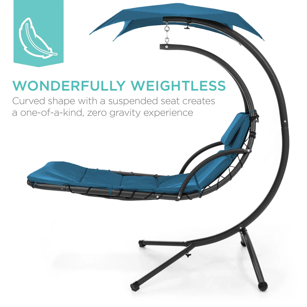 2026 NewBest Choice Products Hanging Curved Chaise Lounge Chair Swing for Backyard, Patio w/ Pillow, Shade, Stand - Teal