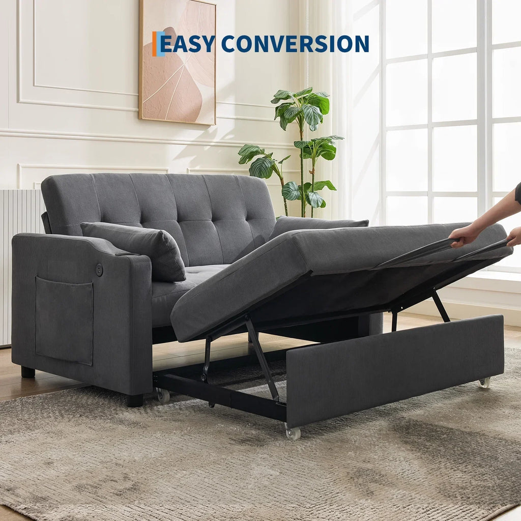 2026 New3 in 1 Convertible Sleeper Sofa Bed, Corduroy Futon Couches with Pull-Out Bed, Adjustable Backrest, Charging Port & Side Pockets, Modern Upholstered Sofa for Living Room, Guest Room