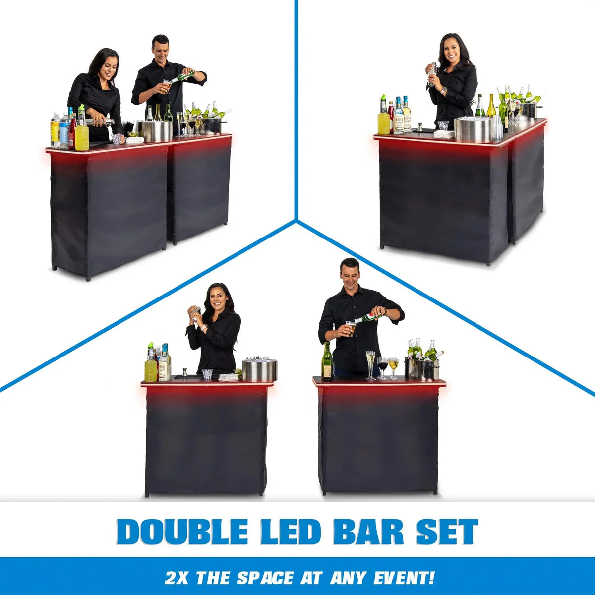 2026 NewGoBar Portable Double Bar Table Set with Multi-Color LED Lights - Mobile Bartender Station for Events - Includes Carrying Case