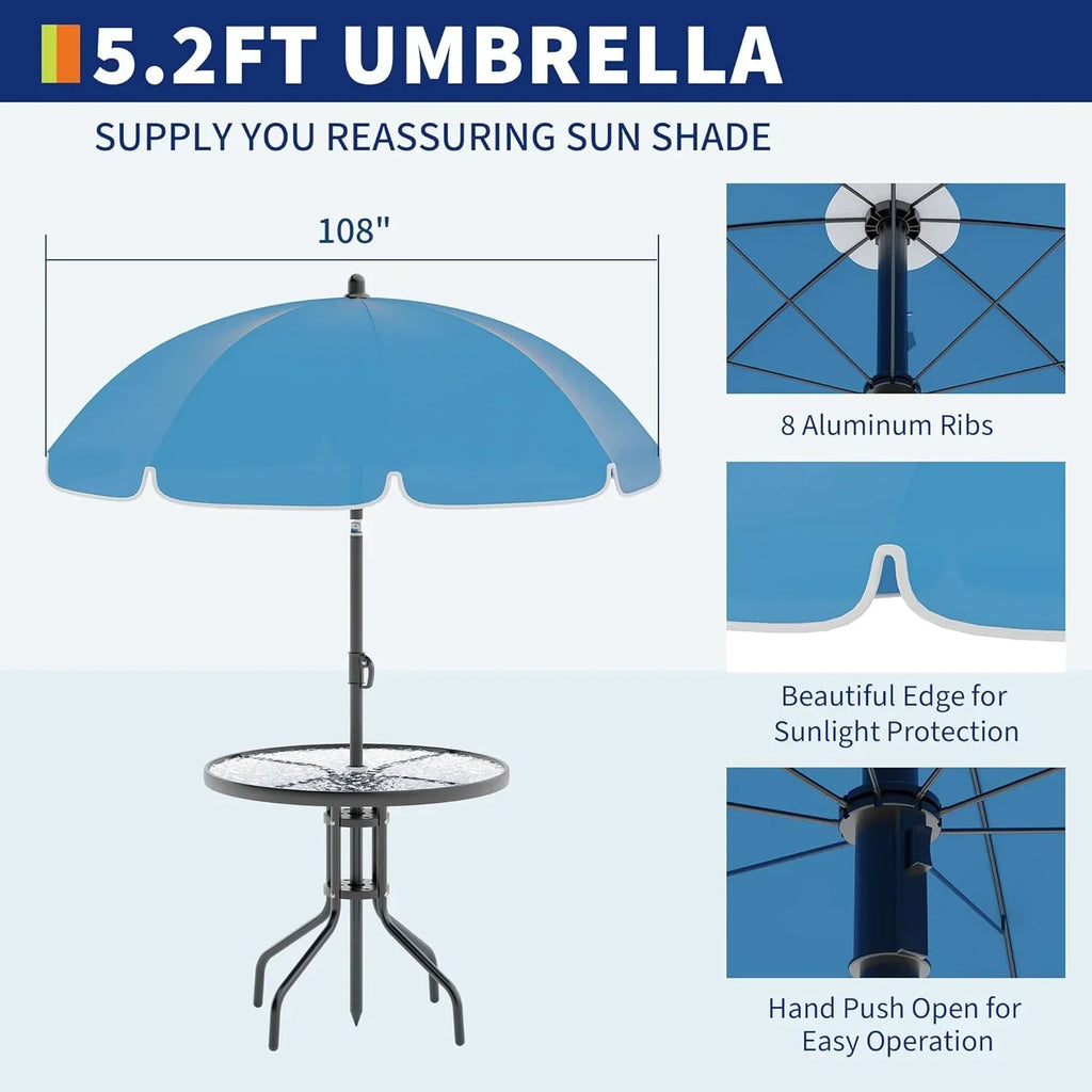 2026 New6 Pieces Outdoor Dining Set With Umbrella, Patio Table and 4 Folding Chairs With Umbrella, Garden Patio Furniture Set With Umbrellas, Tempered Glass Top Dining Table