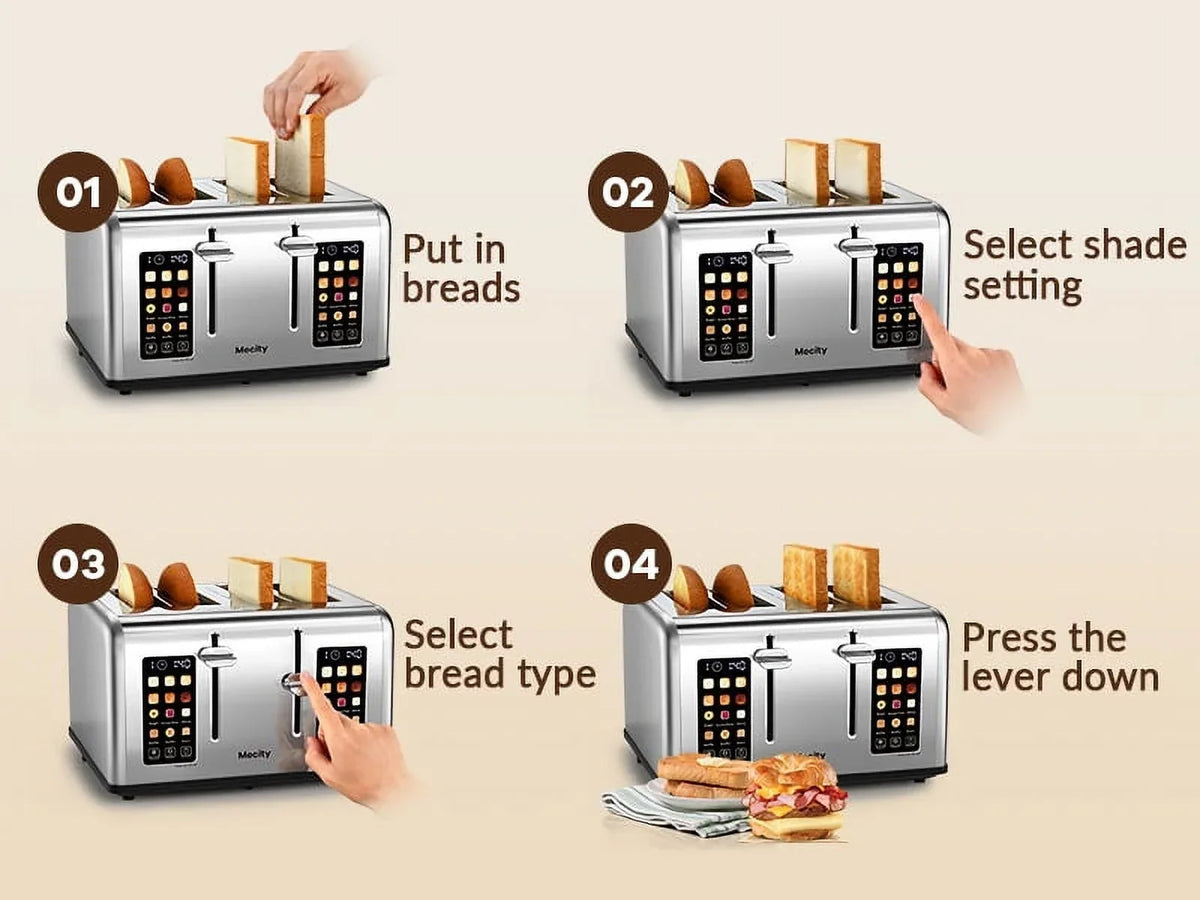 2026 NewMecity 4-Slice Touchscreen Toaster, Stainless Steel, 6 Browning Settings, Reheat, Cancel, Defrost, Removable Tray