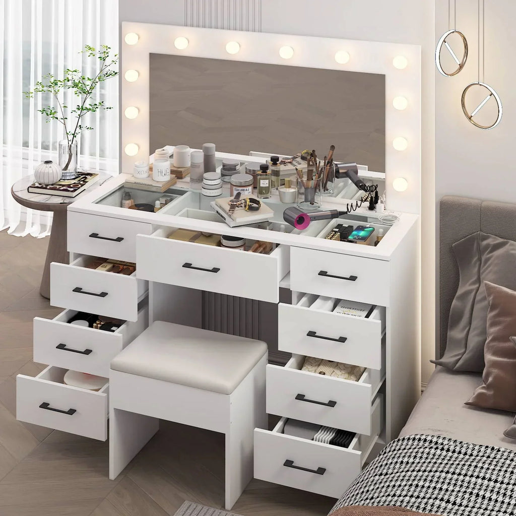 2026 NewKtaxon Large Makeup Vanity, Vanity Table Set w/ Visible Glass Top w/ Charging Station, White