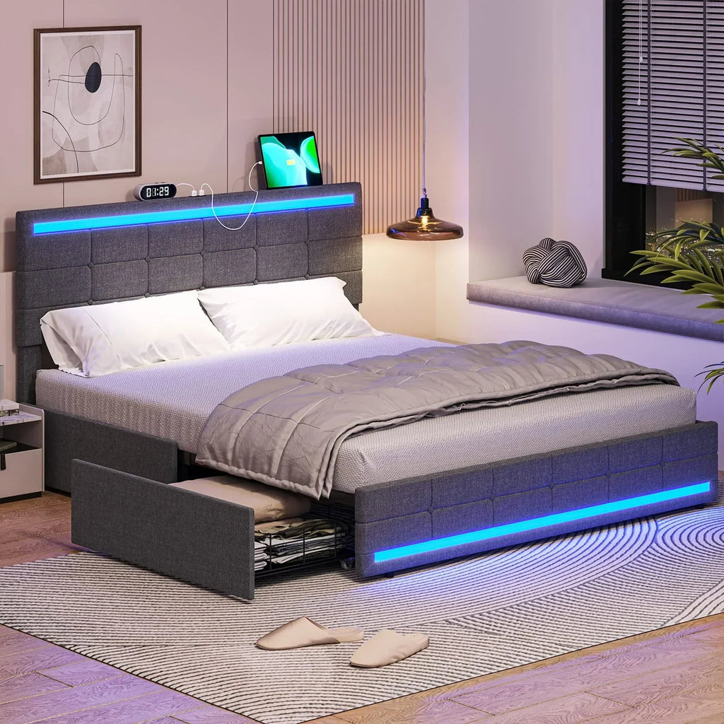 2026 NewFull Size Bed Frame with 4 Storage Drawers, Platform Bed Frame with 2 USB Ports, Upholstered Bed with LED Headboard Footboard, Square Stitched Button Tufted Design, Dark Grey