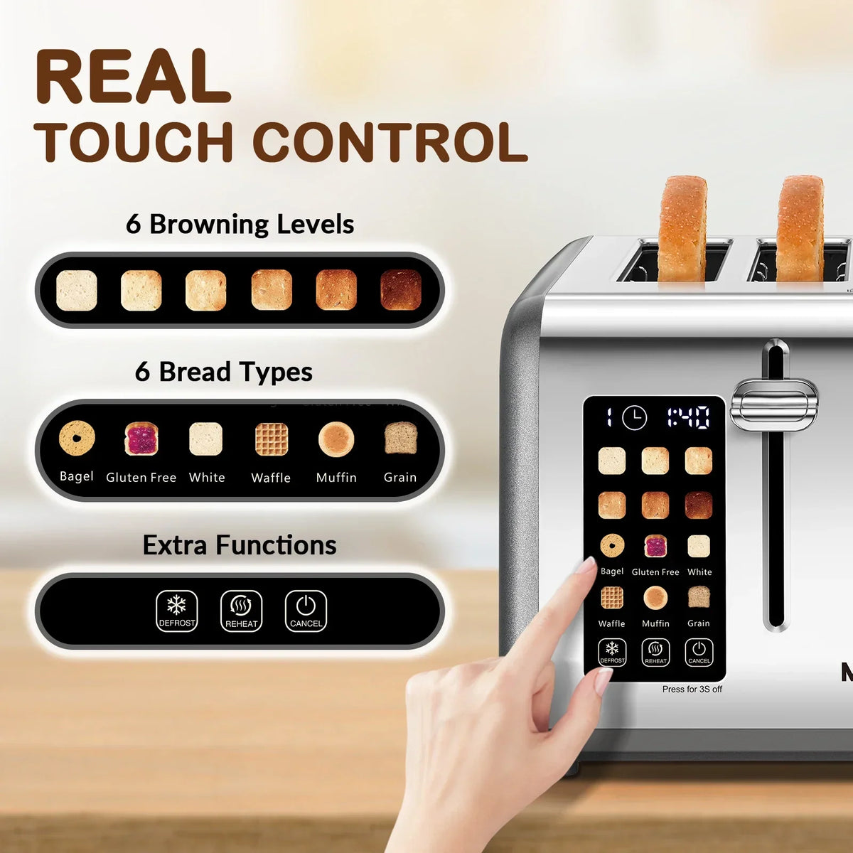 2026 NewMecity 4-Slice Touchscreen Toaster, Stainless Steel, 6 Browning Settings, Reheat, Cancel, Defrost, Removable Tray