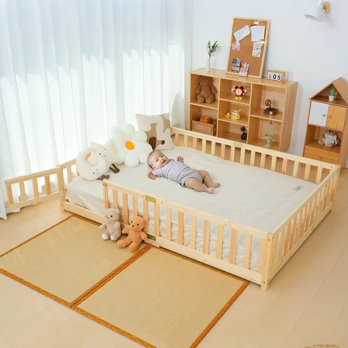 2026 NewSlsy Twin Size Toddler Floor Bed, Solid Wood Montessori Bed Frame with Fence & Door Montessori Floor Bed Crib with Safety Guardrails for Girls and Boys