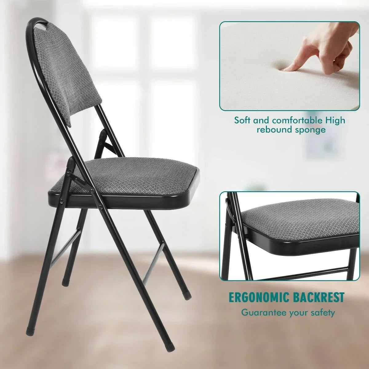 2026 NewCostway Set of 6 Folding Chairs Fabric Upholstered Padded Seat Metal Frame Home Office Beige