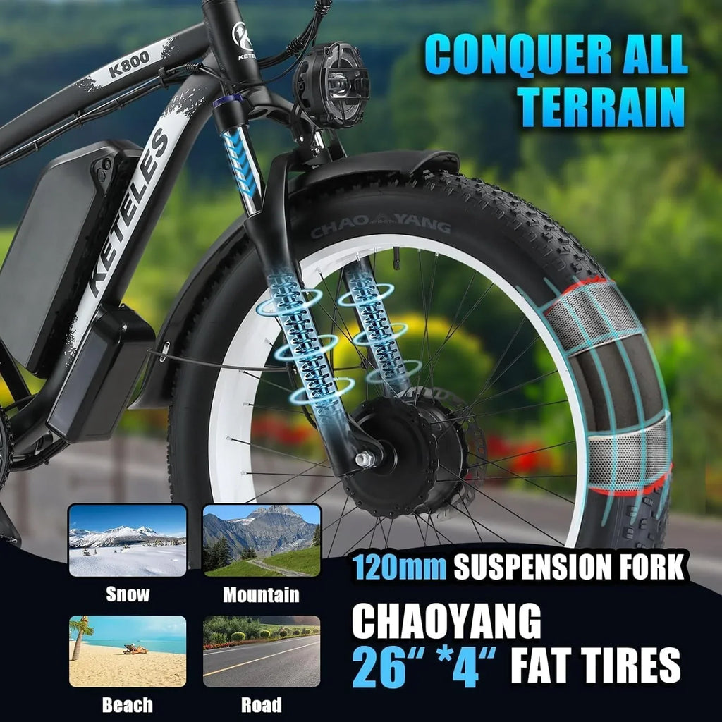 2026 NewKETELES Electric Bike for Adults, Peak 4000W Dual Motor Ebike"26" Fat Tire Electric Mountain bike, 48V 23AH Removable Battery UL 2849.