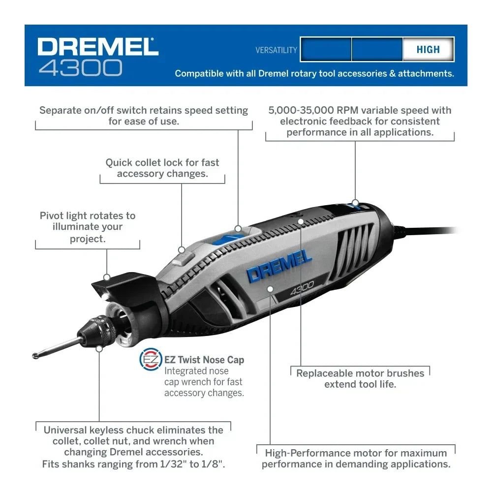2026 NewDremel 4300-9/64 Platinum Edition Corded Rotary Tool, Variable Speed with 9 Dremel Tool Attachments, 64 Accessories, Storage Organizers & Dremel Tool Case, 1.8A/120V