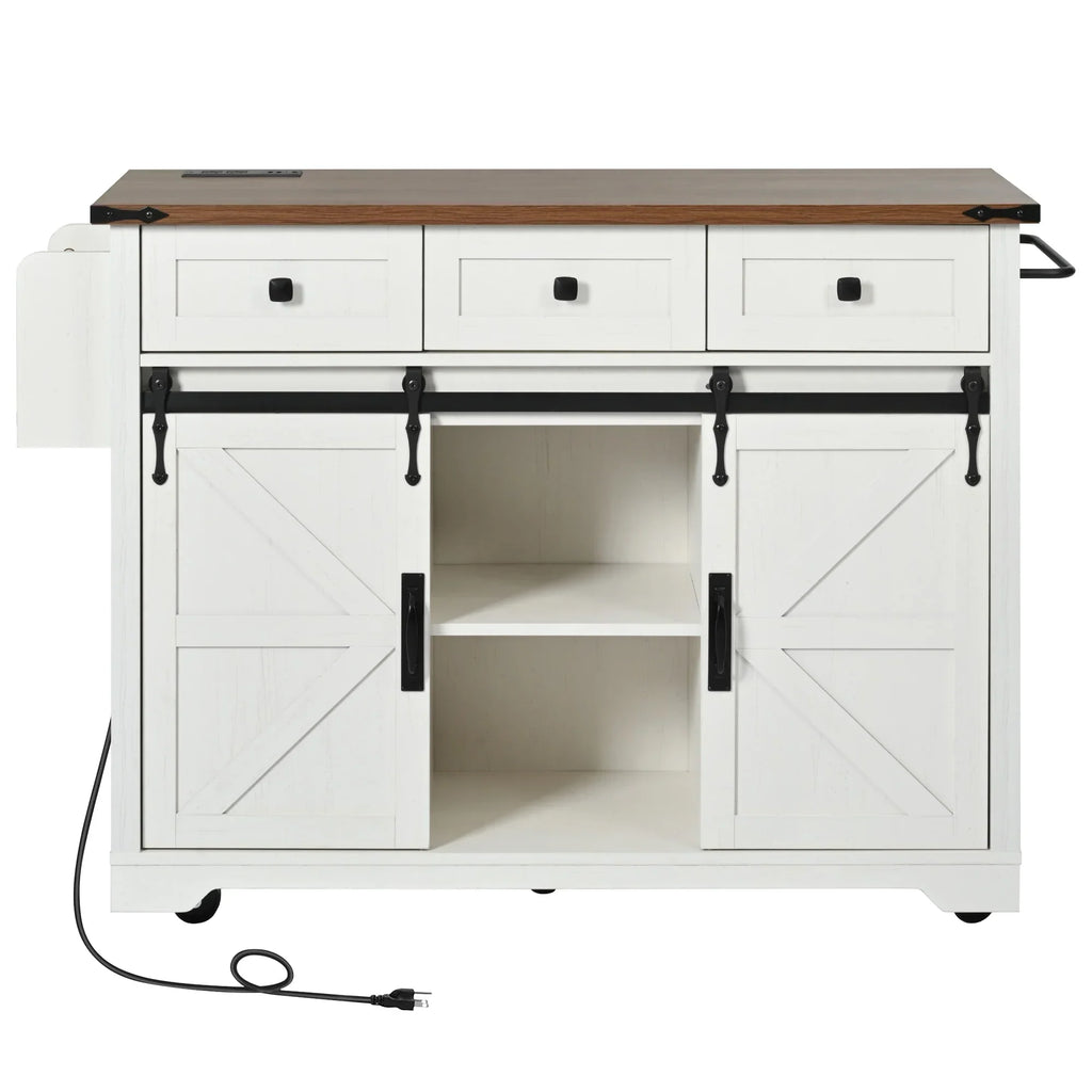 2026 NewHomy Casa Farmhouse 53.7" Kitchen Island with Storage Cabinet, Sliding Barn Doors, and Wheels, White Oak