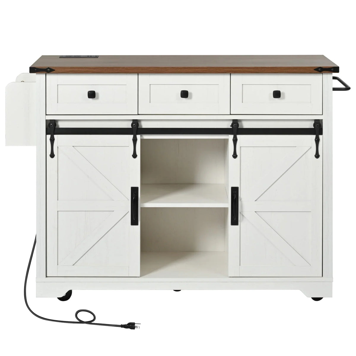 2026 NewHomy Casa Farmhouse 53.7" Kitchen Island with Storage Cabinet, Sliding Barn Doors, and Wheels, White Oak