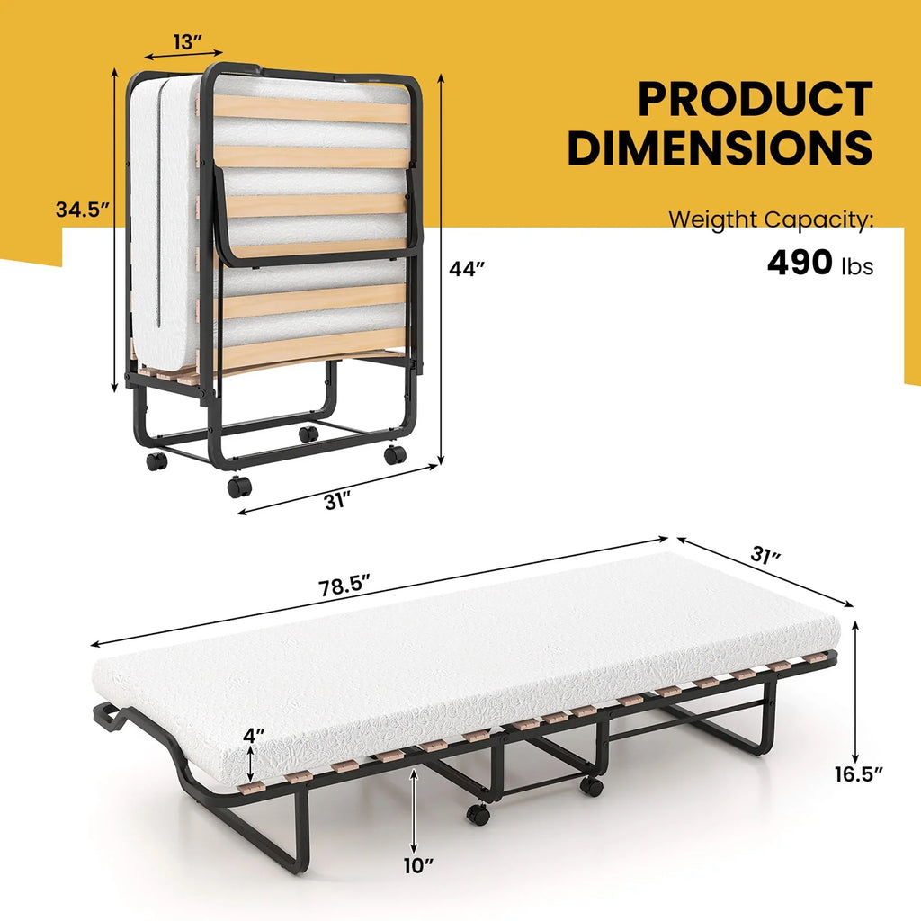 2026 NewGymax Portable Foldable Guest Bed w/ Solid Wood Slats & Metal Frame Rollaway Bed for Adults w/ Wheel