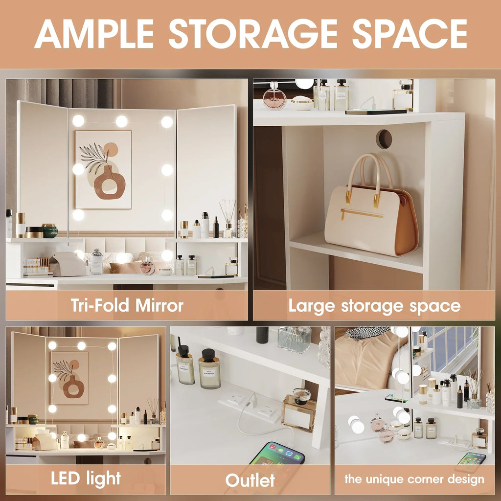 2026 NewVeanerwood White Corner Vanity Desk with Mirror and Light,Makeup Table with 4 Drawers and Charging Station for Bedroom