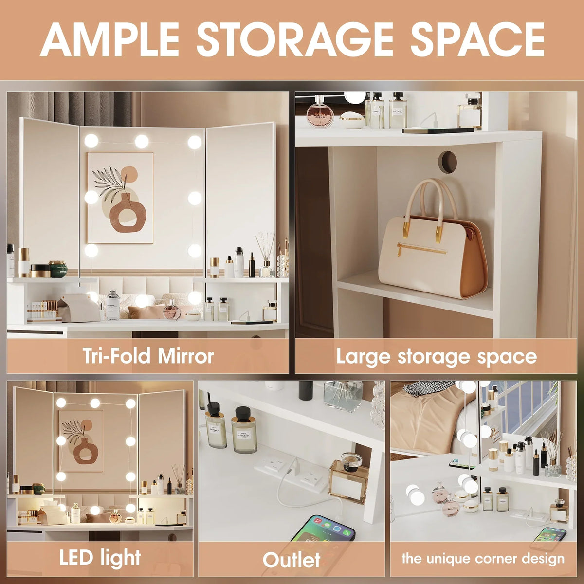 2026 NewVeanerwood White Corner Vanity Desk with Mirror and Light,Makeup Table with 4 Drawers and Charging Station for Bedroom