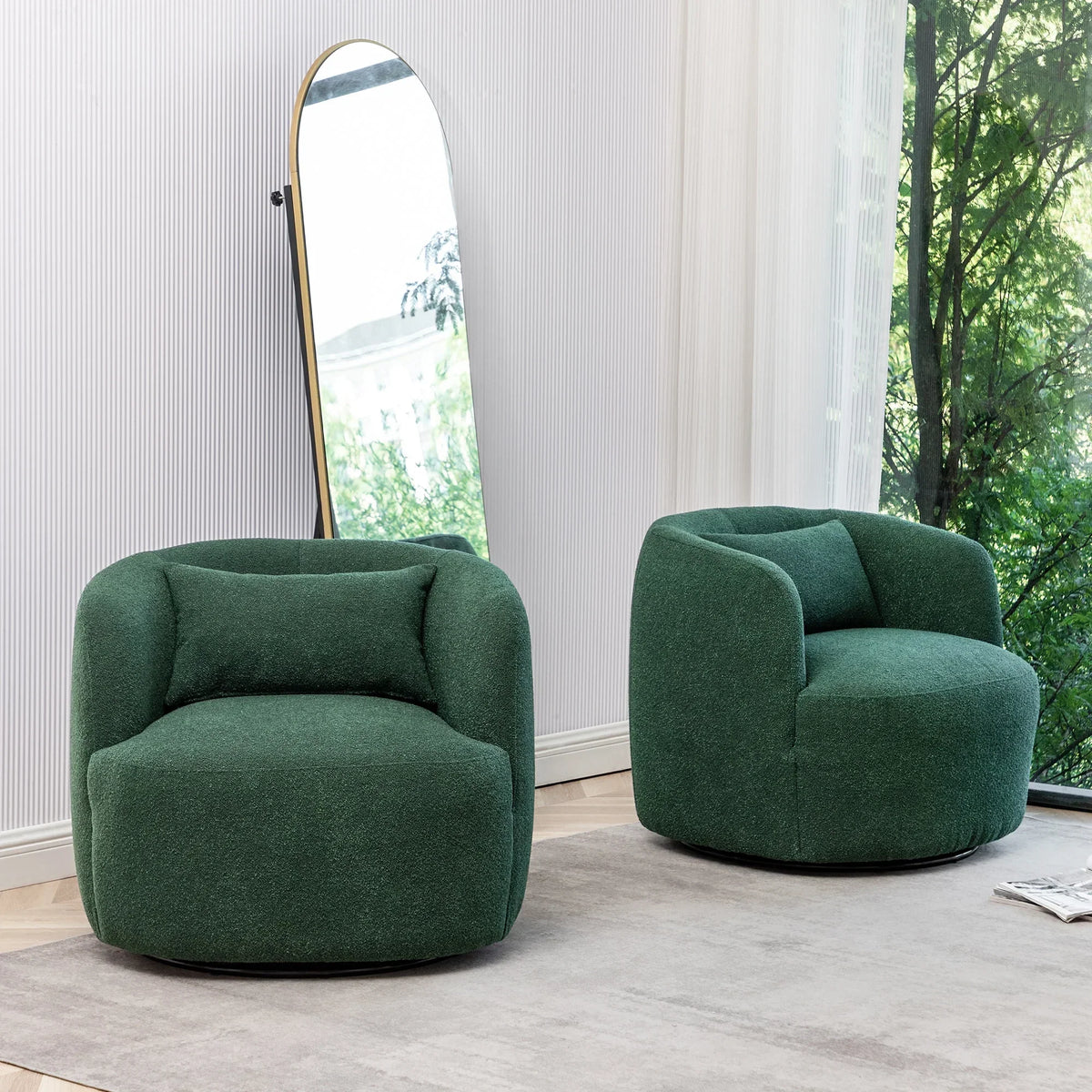 2026 New34" Wide Boucle Swivel Barrel Chair, No Assembly Round Upholstered Armchair Accent Chair Single Sofa Chair with Toss Pillow for Living Room and Bedroom, Taupe