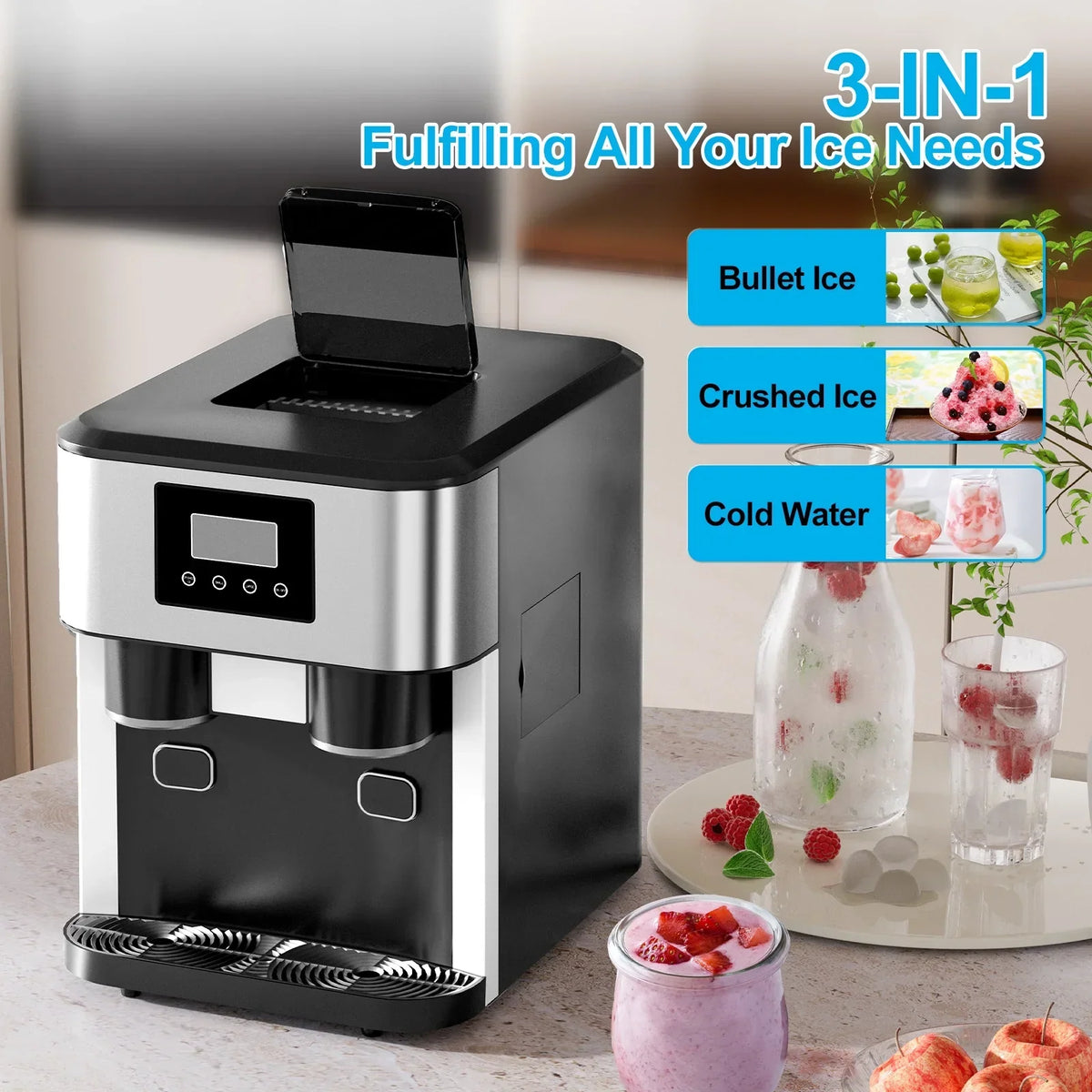 2026 NewTABU 3 in 1 Ice Maker with Water Dispenser,40 lbs/24H,Ice Machine with Ice Crushing,Self Cleaning,Black