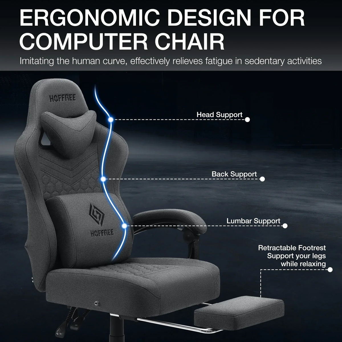 2026 NewHoffree Gaming Chair with Massage Fabric Office Chair with footrest for Adults, Ergonomic Gamer Chair with Headrest and Lumbar Support for Office Gaming, 440 LBS