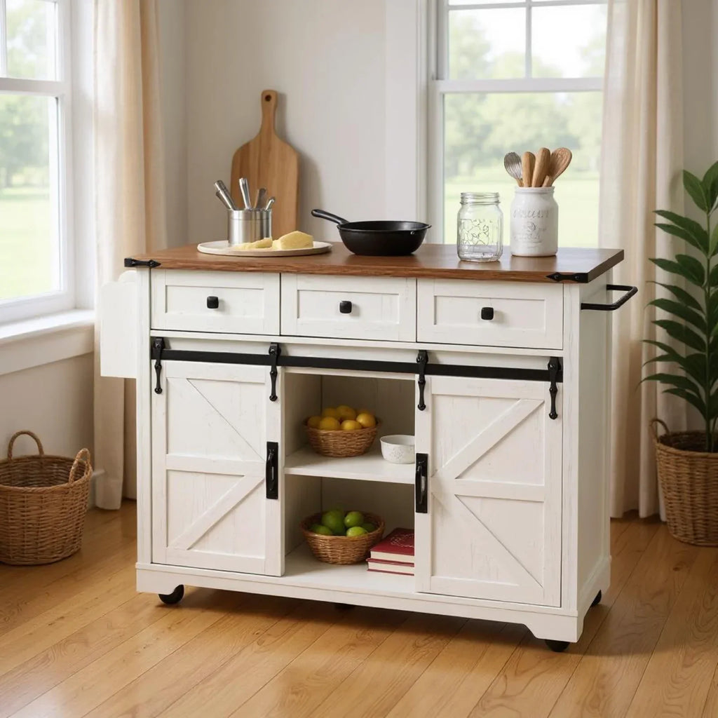 2026 NewHomy Casa Farmhouse 53.7" Kitchen Island with Storage Cabinet, Sliding Barn Doors, and Wheels, White Oak