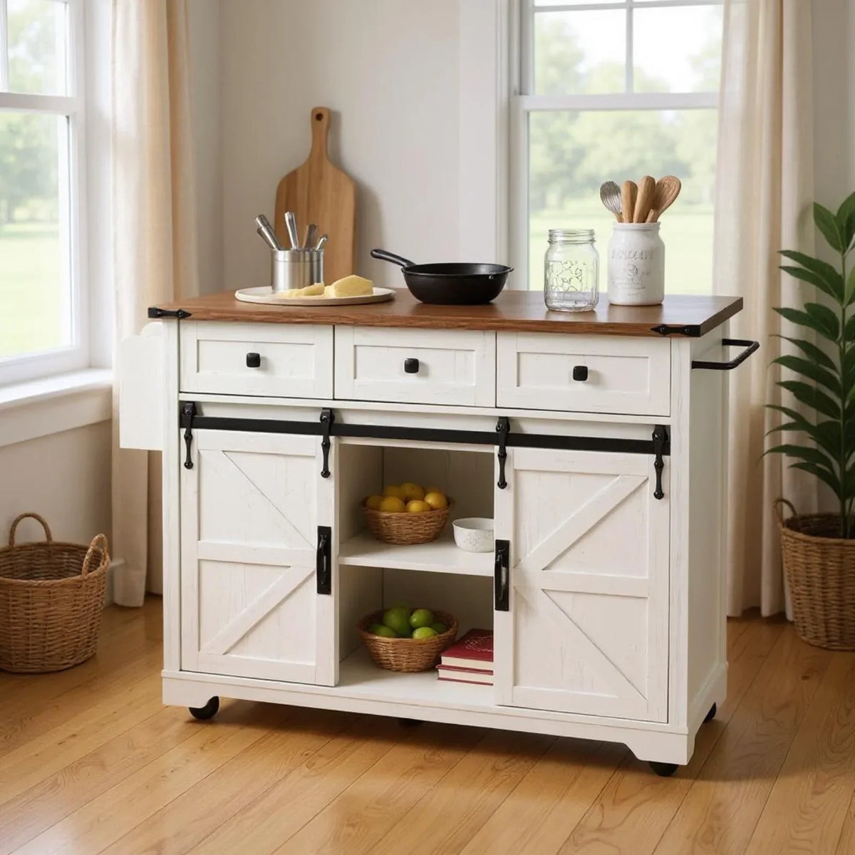 2026 NewHomy Casa Farmhouse 53.7" Kitchen Island with Storage Cabinet, Sliding Barn Doors, and Wheels, White Oak