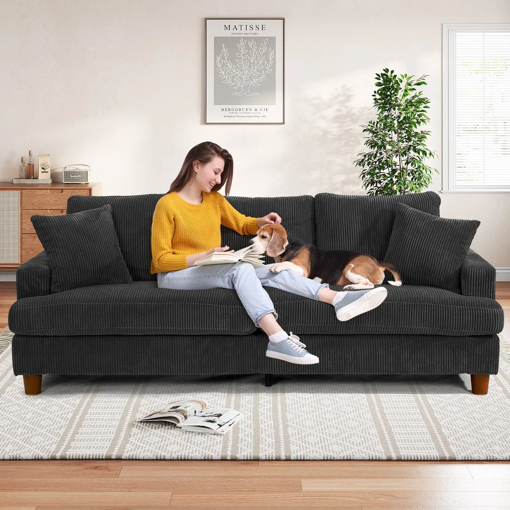 2026 New87" Corduroy Sofa,3 Seater Sofa with Extra Deep Seats,Neche Comfy Upholstered Couch for Living Room,2 Pillows,Green