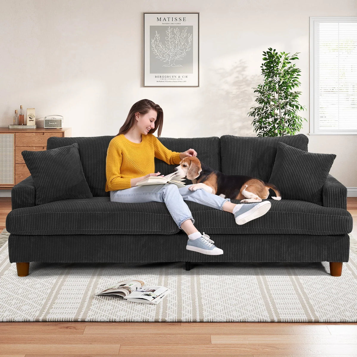 2026 New87" Corduroy Sofa,3 Seater Sofa with Extra Deep Seats,Neche Comfy Upholstered Couch for Living Room,2 Pillows,Green