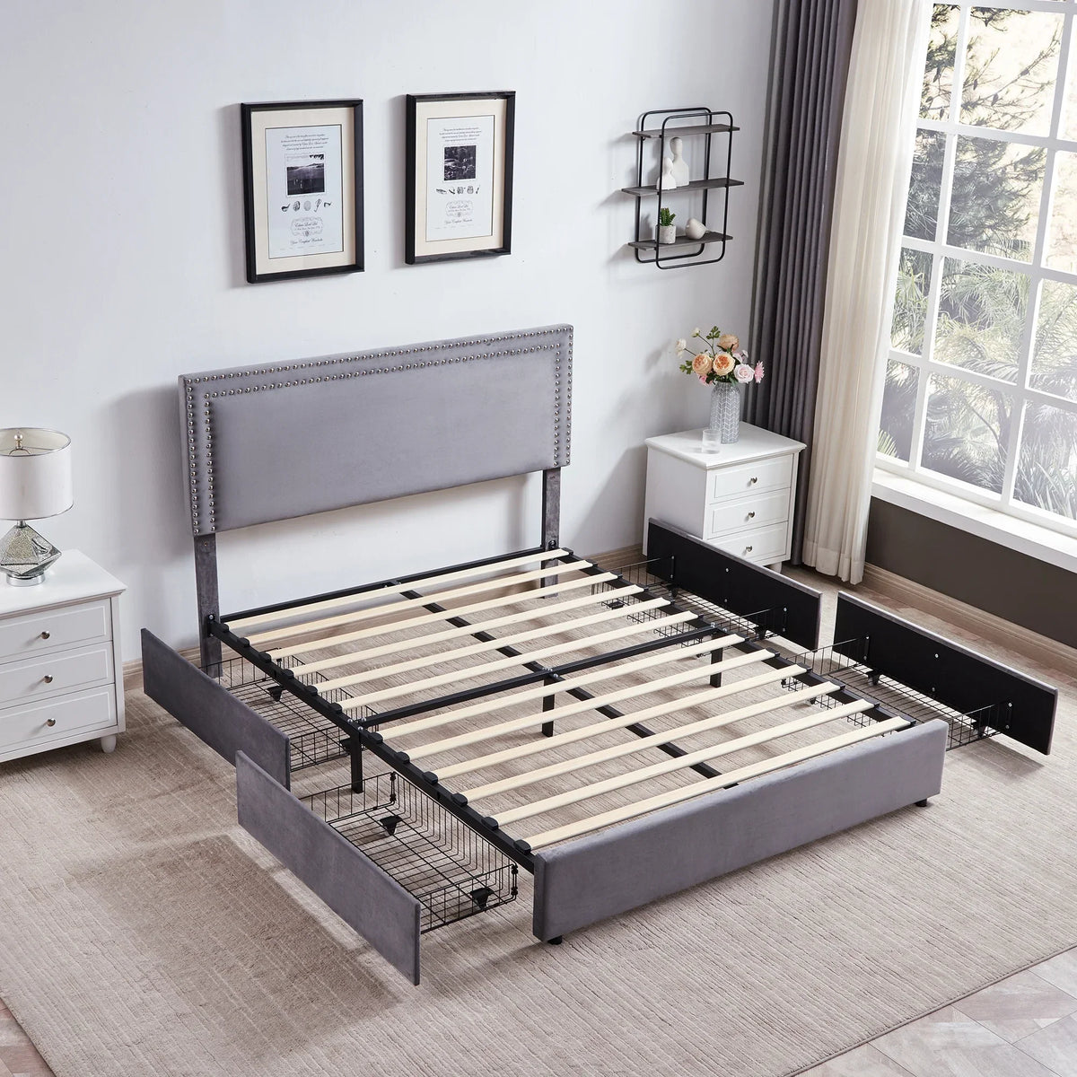 2026 NewVECELO Full Bed Frame with 4 Storage Drawers (Wheeled) and Tufted Upholstered Adjustable Headboard Platform Bed, Beige