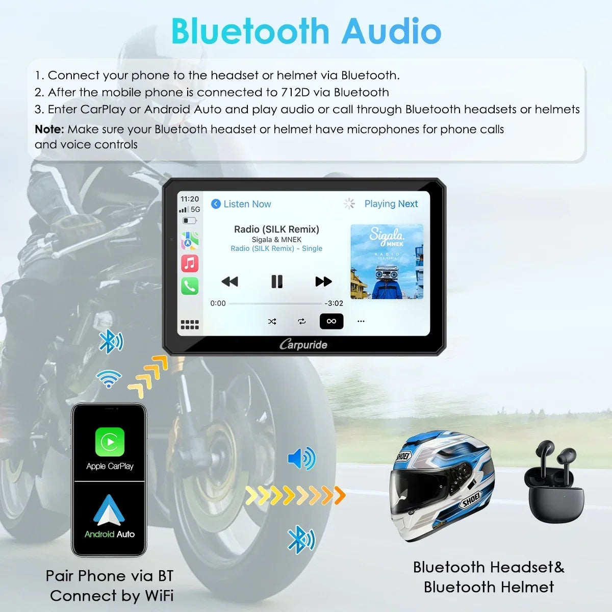 2026 NewCarpuride Motorcycle HD Dual 1080P Dash Cam, Wireless Apple CarPlay & Android Auto Wire Control, Horizontal Vertical Rotation 7" Touch Screen (712D)