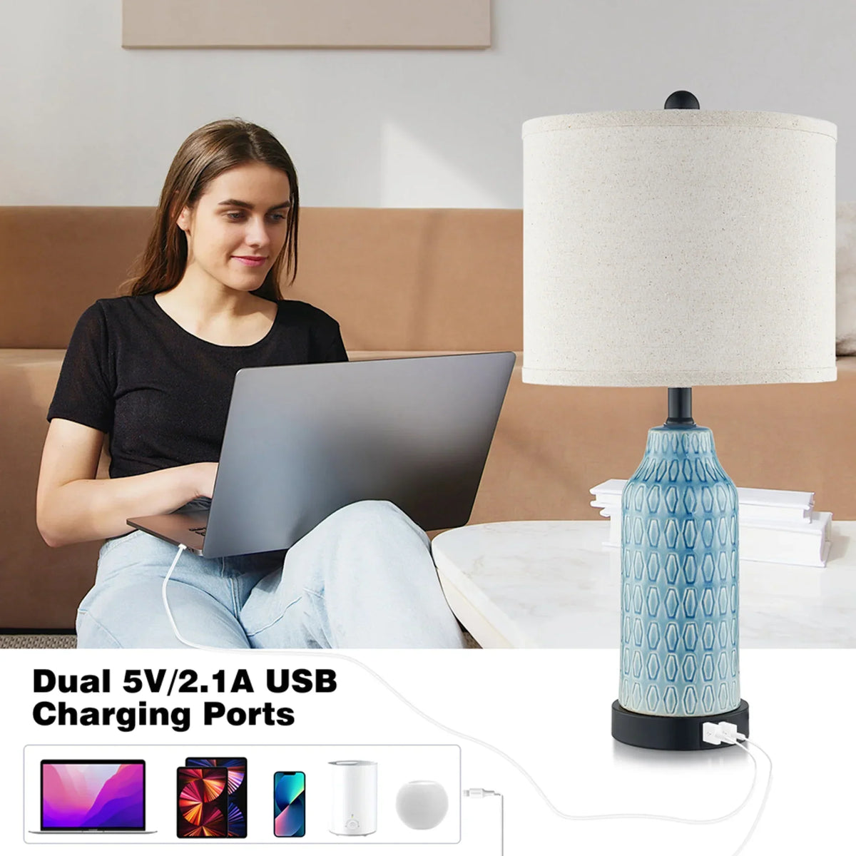 2026 NewCinkeda Table Lamp Set of 2 for Living Room Bedroom with USB Ports AC Outlet 3 Way Dimmable Touch Nightlight Farmhouse White Floral Nightstand Bedside Lamps