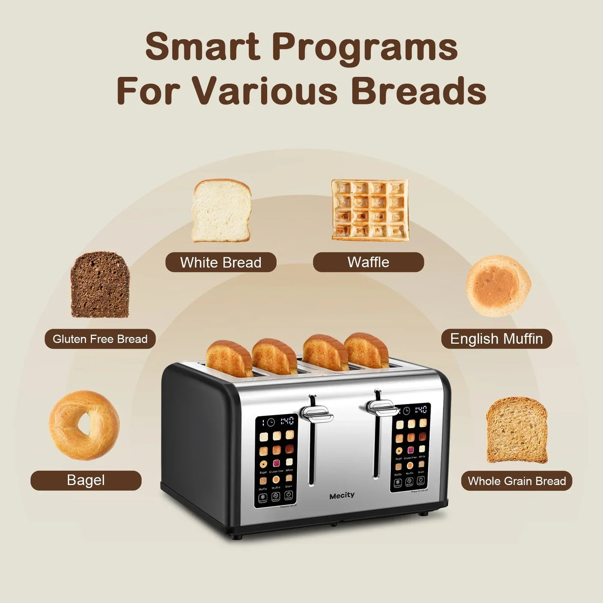 2026 NewMecity 4-Slice Touchscreen Toaster, Stainless Steel, 6 Browning Settings, Reheat, Cancel, Defrost, Removable Tray