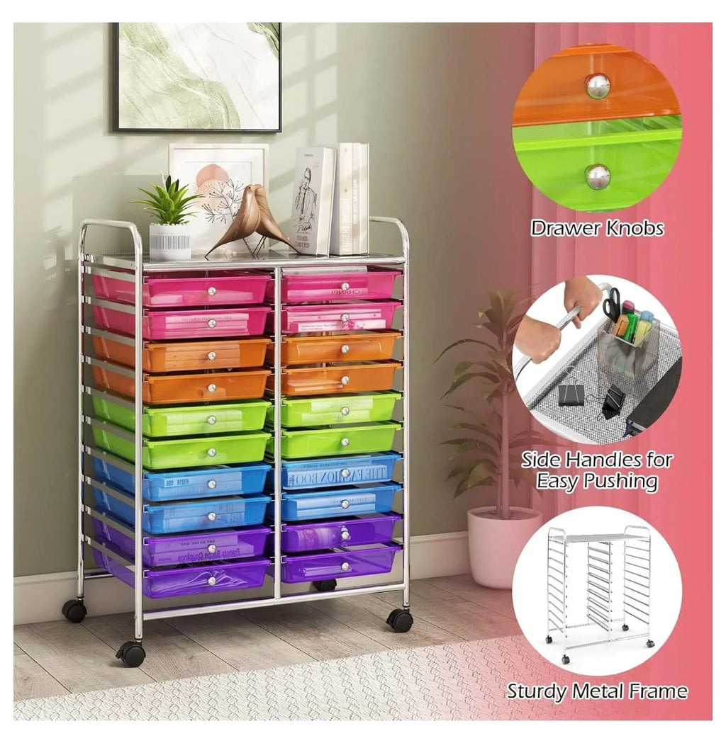 2026 New20 Drawers Storage Cart w/Rolling Wheels, Semi-Transparent Mobile Rolling Drawer Cart for School Classroom Office Home Salon, Files Scrapbook Craft Organizer, Utility Cart on Wheels (Clear)