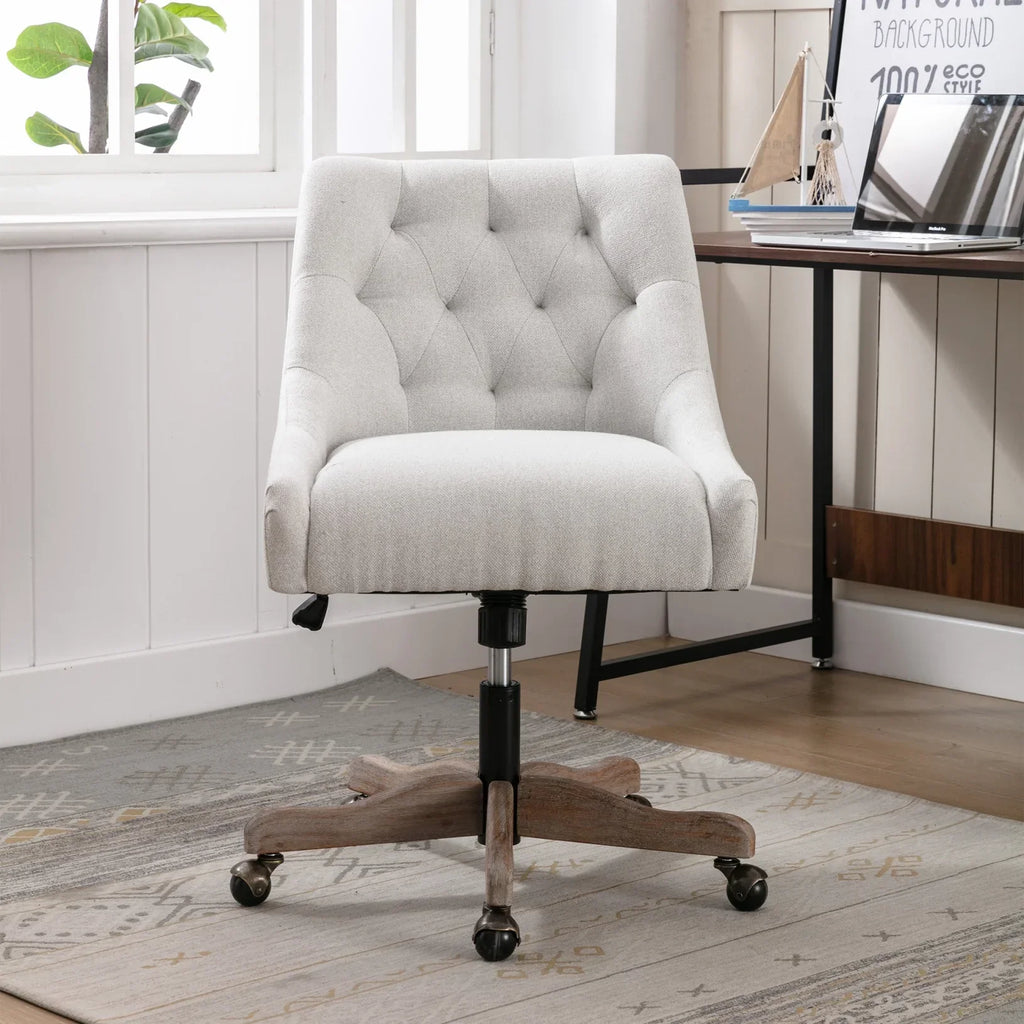 2026 New360 Degree Swivel Office Desk Chair, Upholstered Leisure Vanity Chair with Solid Wood Base and Wheels, Adjustable Height Computer Chair for Bedroom Living Room, Brown