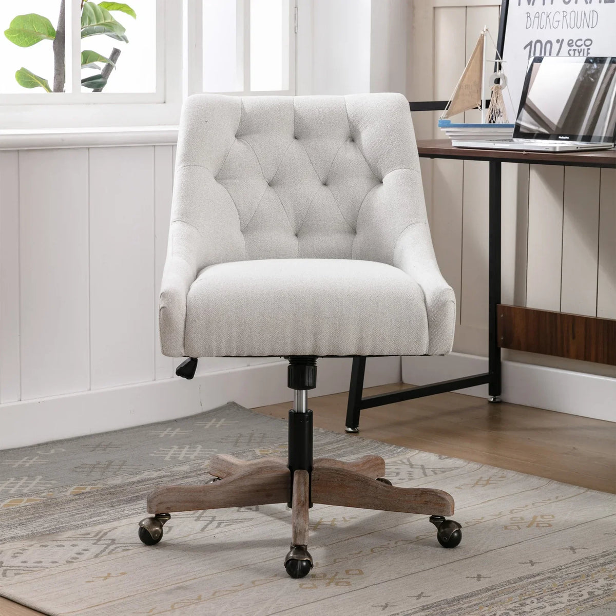 2026 New360 Degree Swivel Office Desk Chair, Upholstered Leisure Vanity Chair with Solid Wood Base and Wheels, Adjustable Height Computer Chair for Bedroom Living Room, Brown