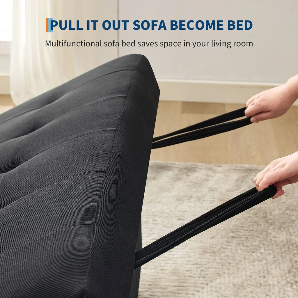 2026 New3 in 1 Convertible Sleeper Sofa Bed, Corduroy Futon Couches with Pull-Out Bed, Adjustable Backrest, Charging Port & Side Pockets, Modern Upholstered Sofa for Living Room, Guest Room